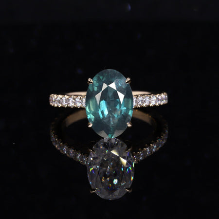 3 Carat Teal Sapphire Oval Cut Hidden Halo Rose Gold Engagement Ring