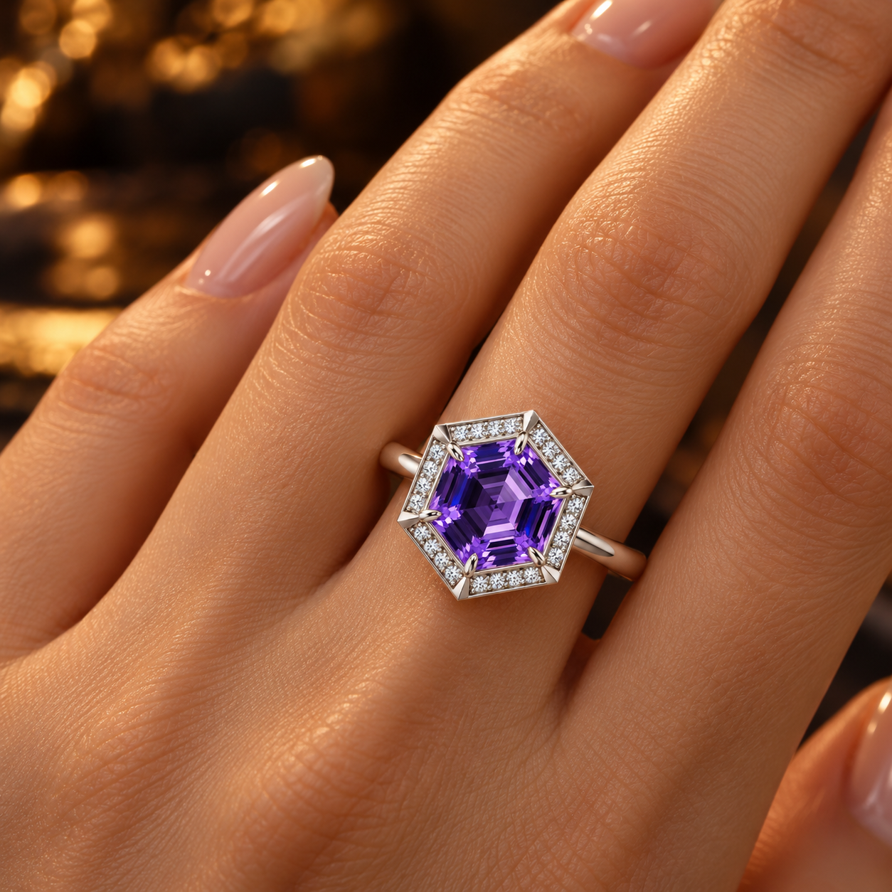 4 Carat Hexagon Cut Purple Sapphire Halo 14K White Gold Engagement Ring Model 1270B