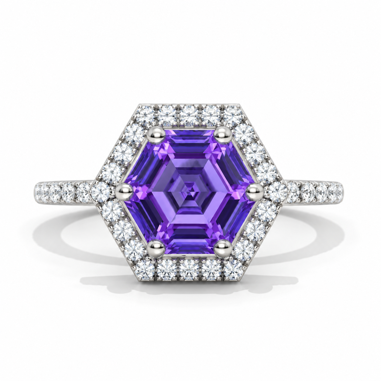 4 Carat Purple Sapphire Hexagon Cut Halo White Gold Engagement  Ring Model 532-10x8