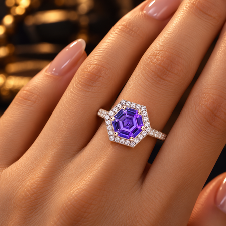 4 Carat Purple Sapphire Hexagon Cut Halo White Gold Engagement  Ring Model 532-10x8