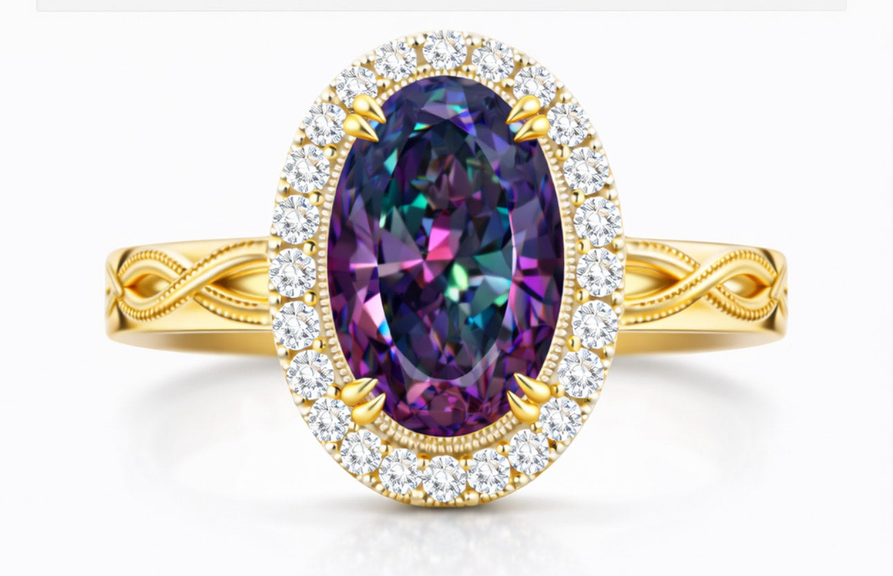 Custom Order  3 + Alexandrite Diamond Halo Ring  1381-11x8 size 7
