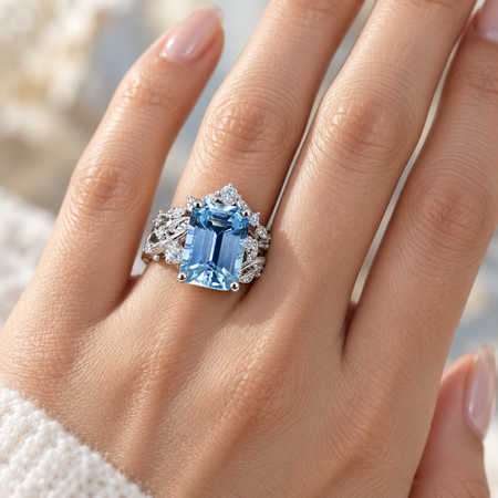 3 Carat Emerald Cut Aquamarine Floral Halo Engagement Ring Set – Model 922