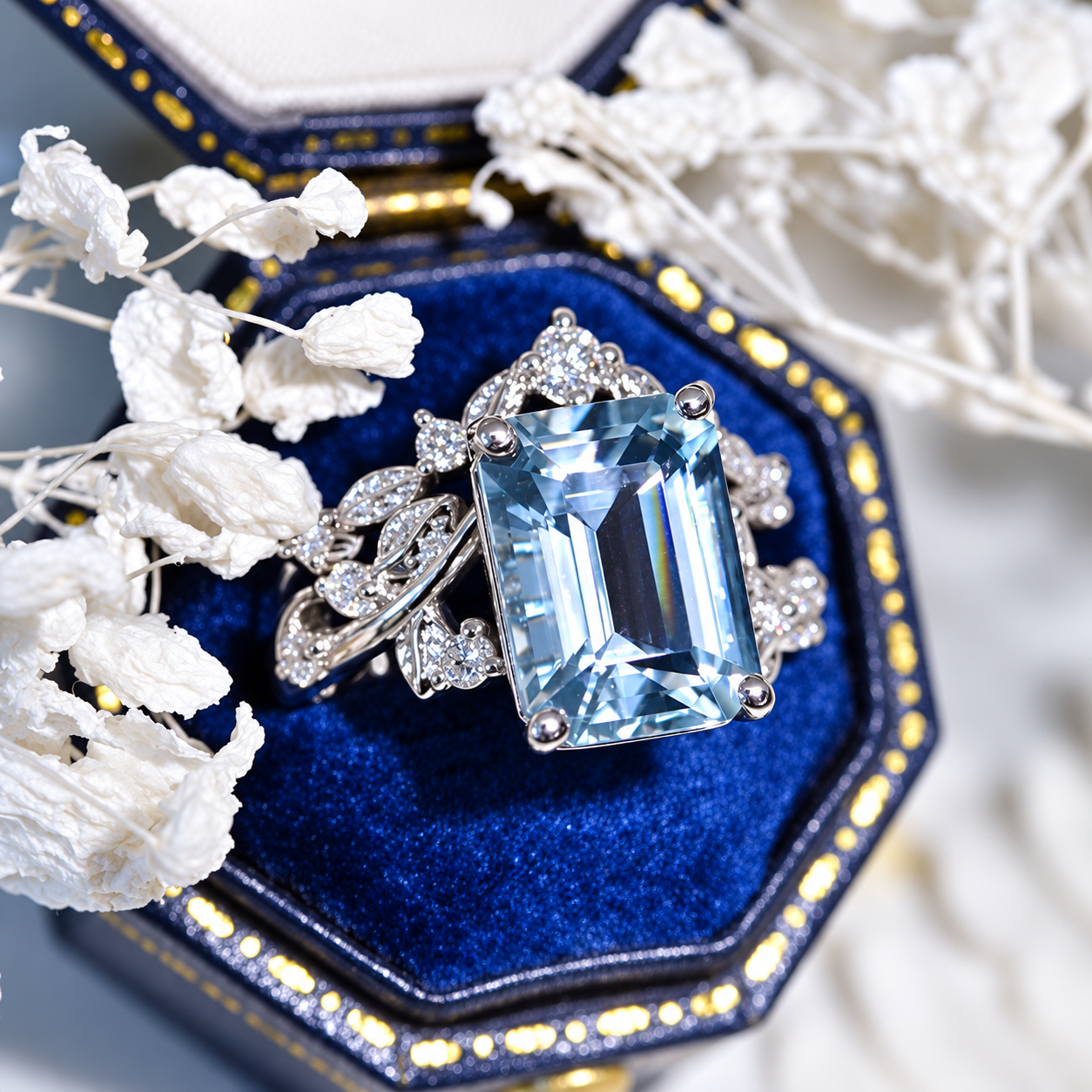3 Carat Emerald Cut Aquamarine Floral Halo Engagement Ring Set – Model 922