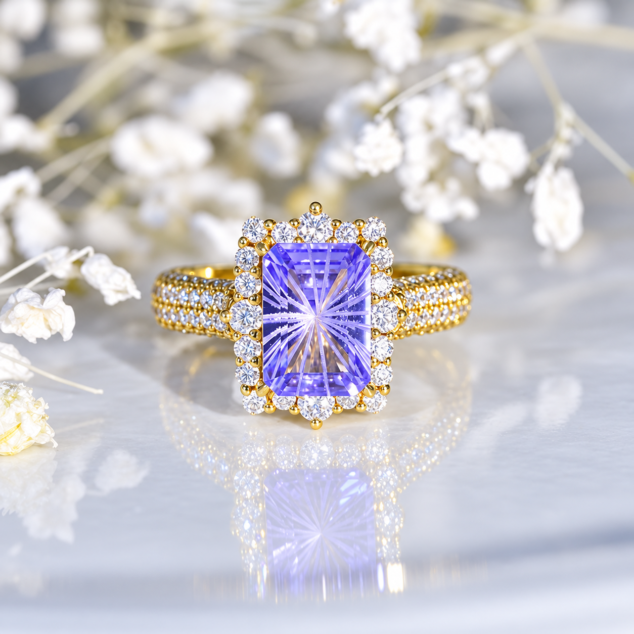 3Ct Lavender Sapphire Engagement Ring. Halo Fireworks Cut  Engagement Ring, 9x7mm Step Cut Lavender Purple Sapphire Engagement Ring