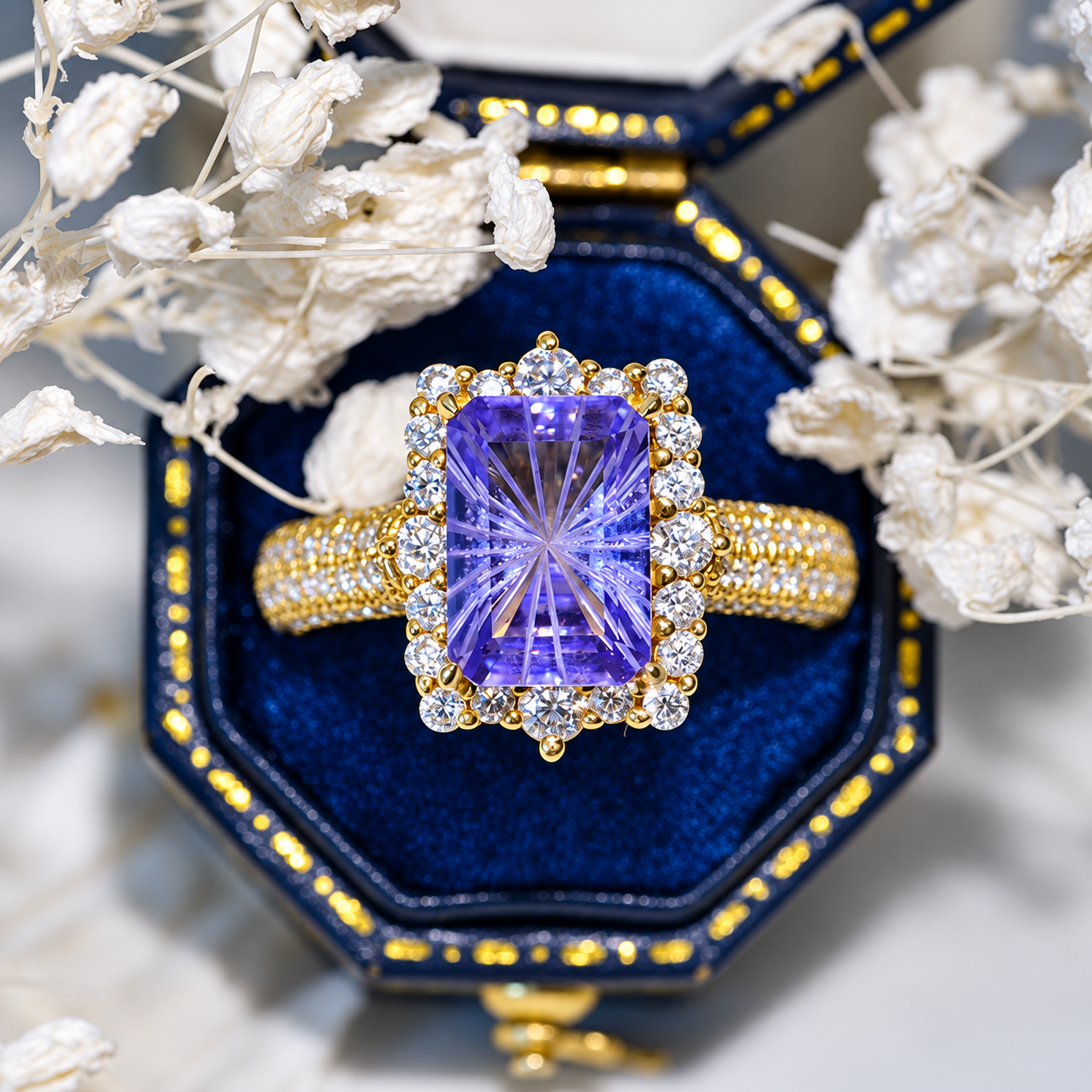 3Ct Lavender Sapphire Engagement Ring. Halo Fireworks Cut  Engagement Ring, 9x7mm Step Cut Lavender Purple Sapphire Engagement Ring