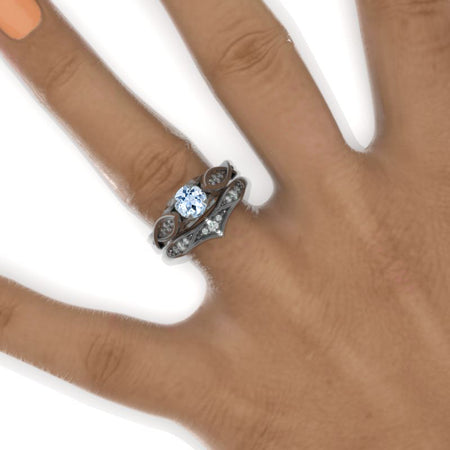 Celtic Genuine Natural Aquamarine Curved Wedding 14K Black Gold Ring Ver 2