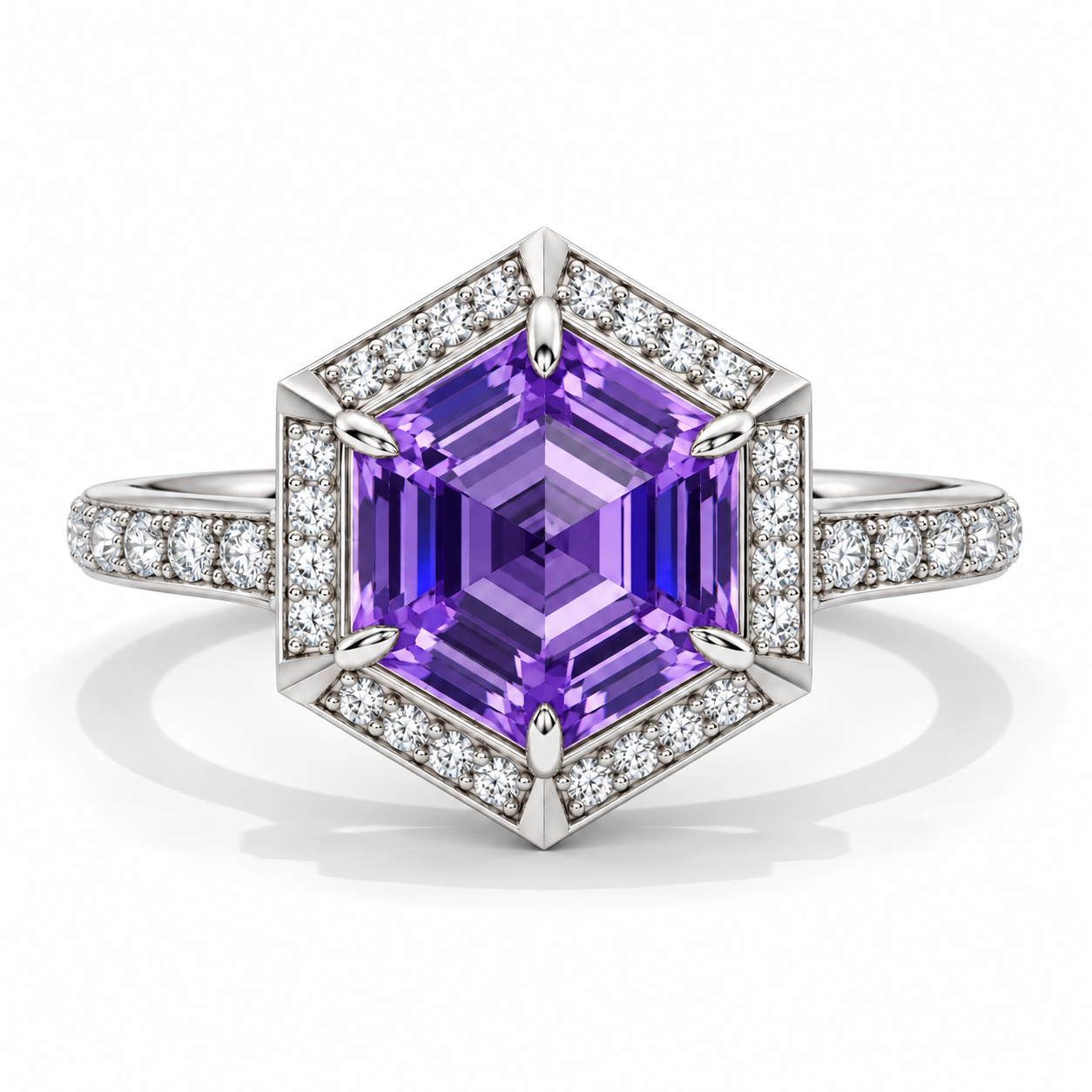 4 Carat Hexagon Cut Purple Sapphire Halo 14K White Gold Engagement Ring Model 1270B