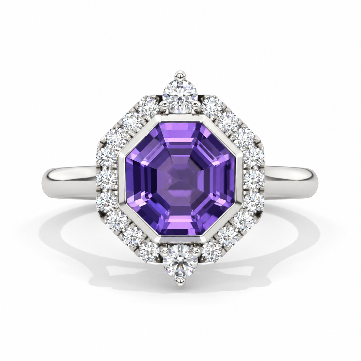 4 Carat Octagon Cut Purple Sapphire Halo 14K White Gold Engagement Ring Model 930-10x8