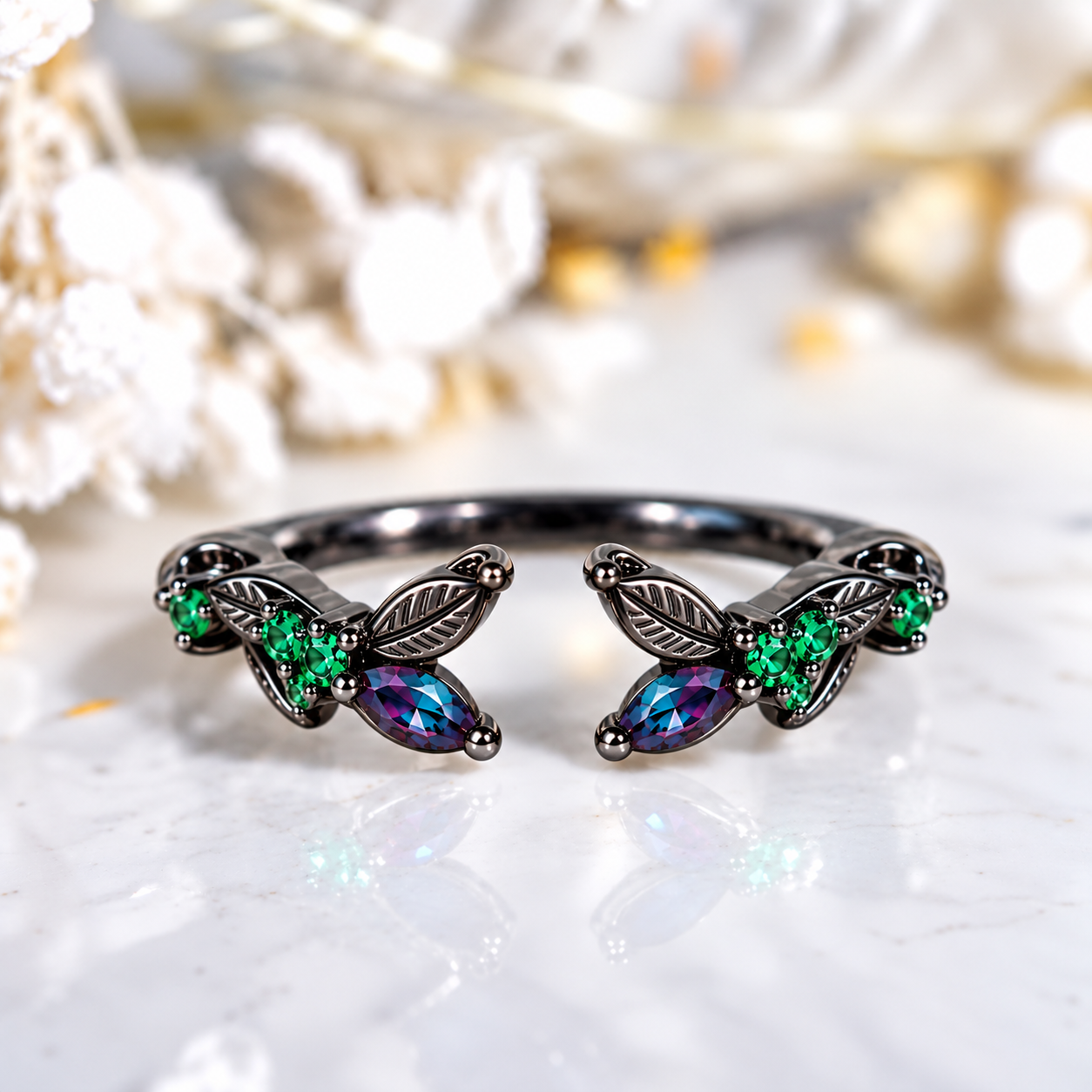 Celtic Alexandrite Stackable 14K Black Rhodium Plated Gold Ring Mode 1401 E