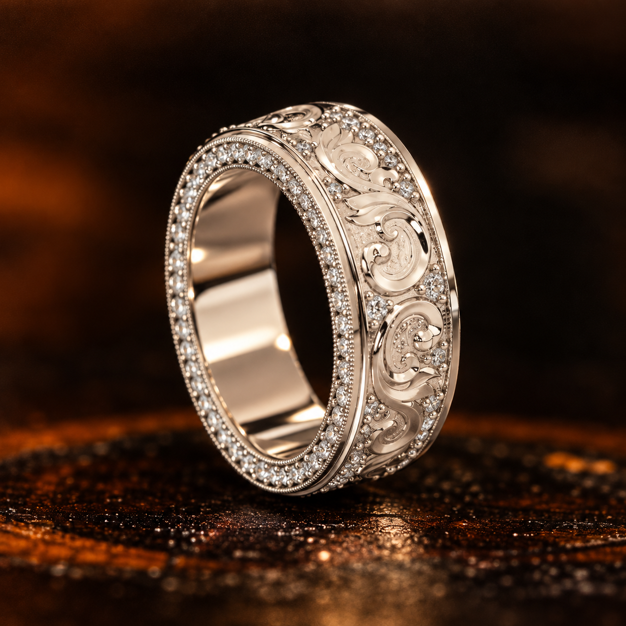 8mm Wide 14K Solid Gold Lab Grown Diamond Wedding Band – Vintage Floral Filigree Ring, Ornate Anniversary Band Model 1425