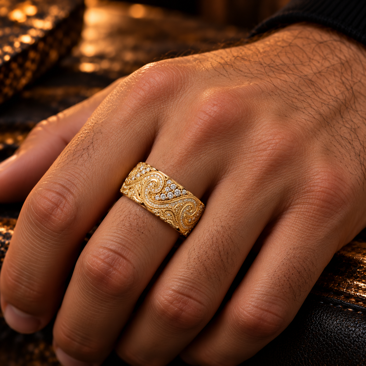 8mm Wide 14K Solid Gold Lab Grown Diamond Wedding Band – Vintage Wave Filigree Ring, Ornate Anniversary Band Model 1427