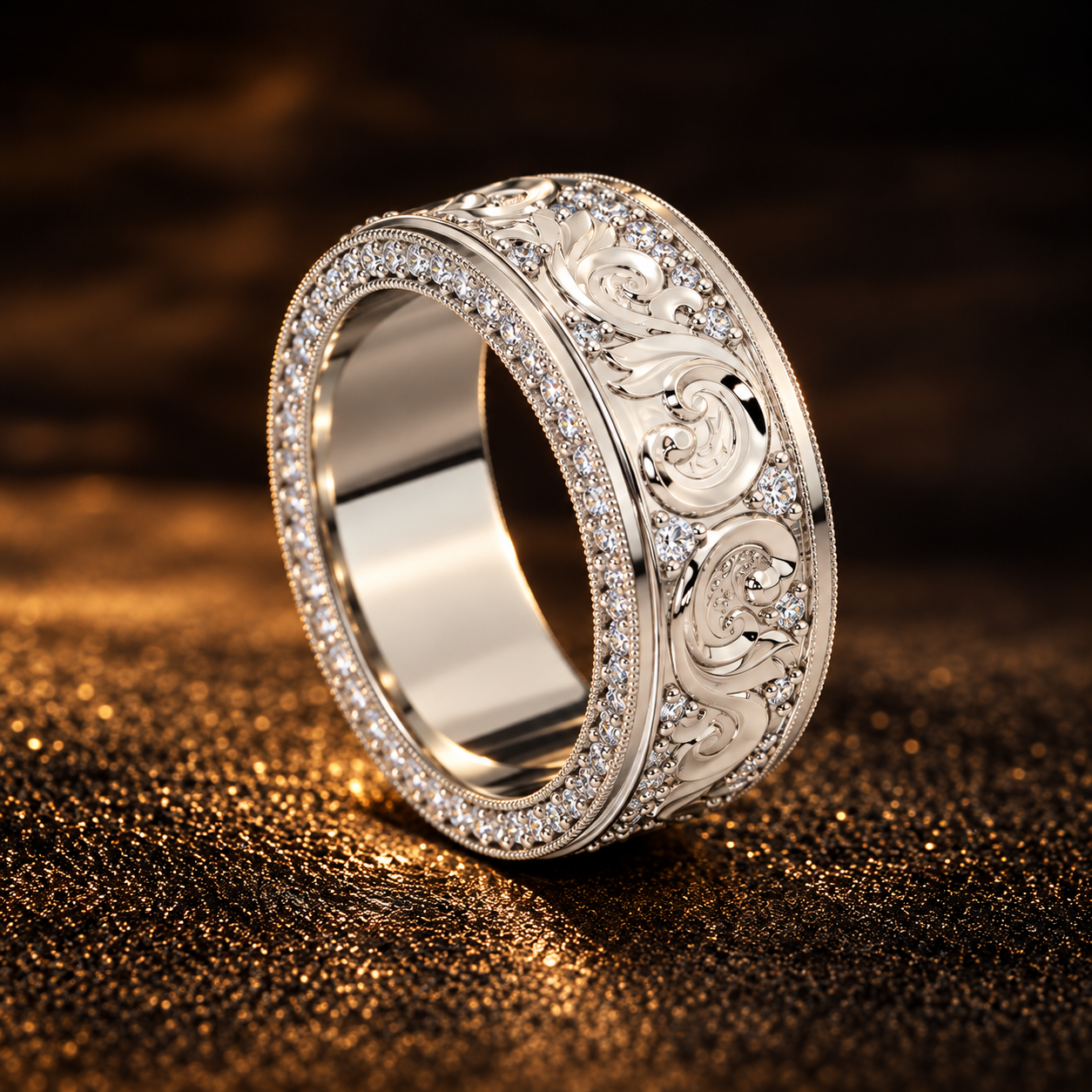 8mm Wide 14K Solid Gold Lab Grown Diamond Wedding Band – Vintage Floral Filigree Ring, Ornate Anniversary Band Model 1425