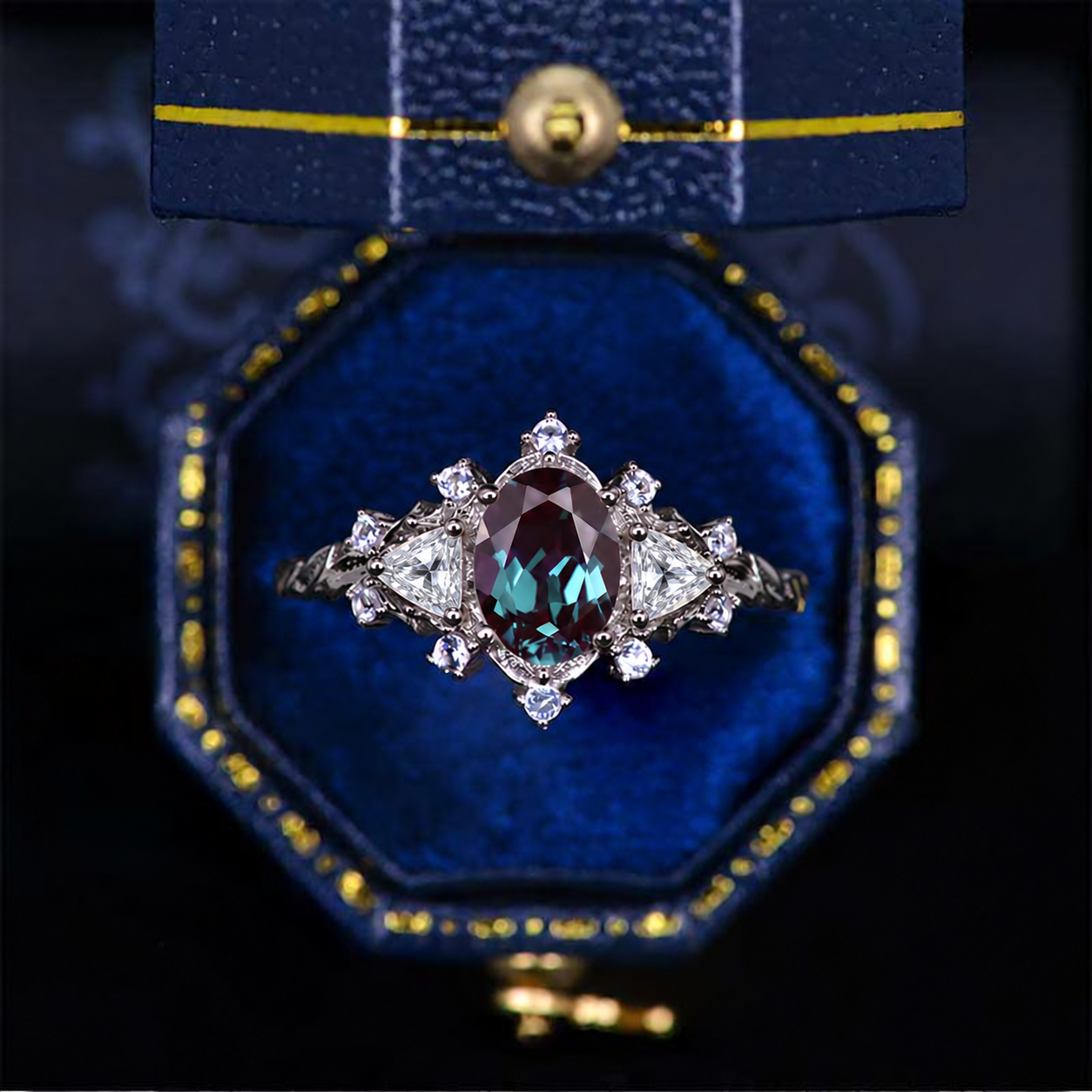 3 Carat Oval Lab-Grown Alexandrite Diamond Floral Twig Engagement Ring in 14K White Gold | Model 829B-9x6