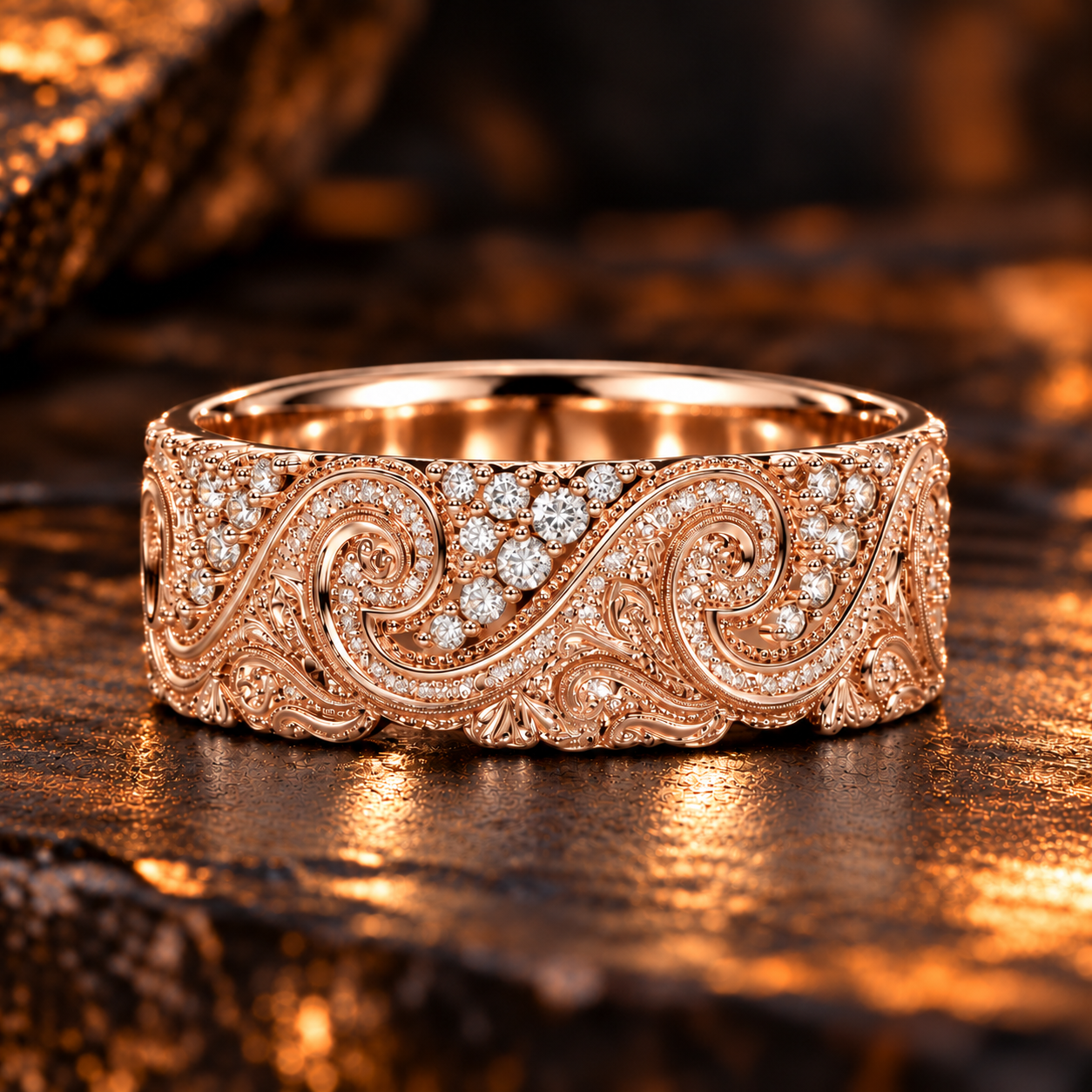 8mm Wide 14K Solid Gold Lab Grown Diamond Wedding Band – Vintage Wave Filigree Ring, Ornate Anniversary Band Model 1427