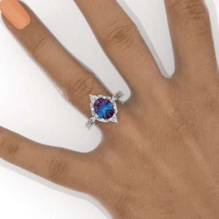 14K Solid Gold Ring 2CT Oval Halo Fireworks Cut Alexandrite Vintage Wedding Ring. Engagement Ring Anniversary Ring, Baguette Double Halo Ring
