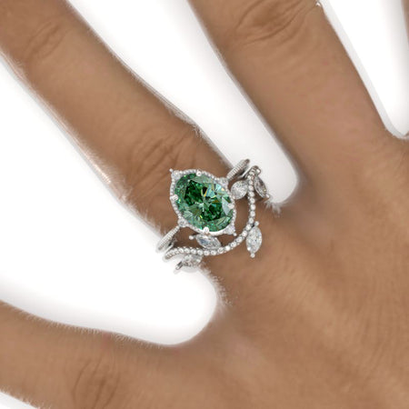 3 Carat Oval Green Moissanite 14K White Gold Engagement Ring, Eternity Ring Set Model 906