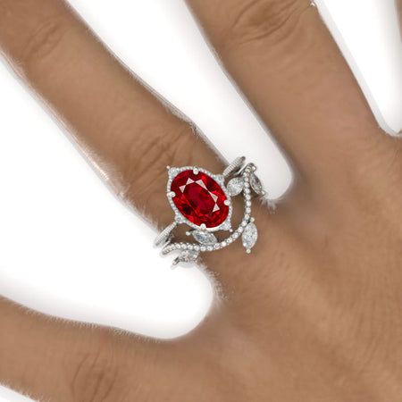 3 Carat Oval Ruby 14K White Gold Engagement Ring, Eternity Ring Set