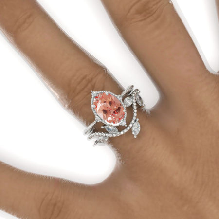3 Carat Oval Peach Sapphire 14K White Gold Engagement Ring, Eternity Ring Set Model 906