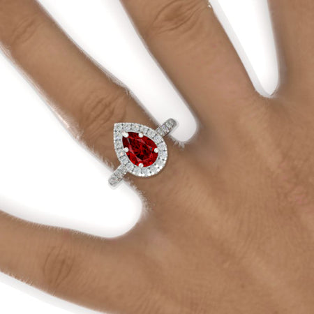 Luxury 3 Carat Pear Ruby Halo Engagement Ring