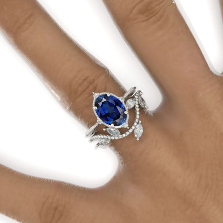3 Carat Oval Royal Blue Sapphire 14K White Gold Engagement Ring, Eternity Ring Set