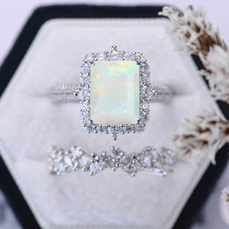 3Ct Natural Genuine White Opal Engagement Ring. Halo Emerald Cut Genuine White Opal Engagement Ring, 9x7mm Step Cut Genuine White Opal Engagement Ring