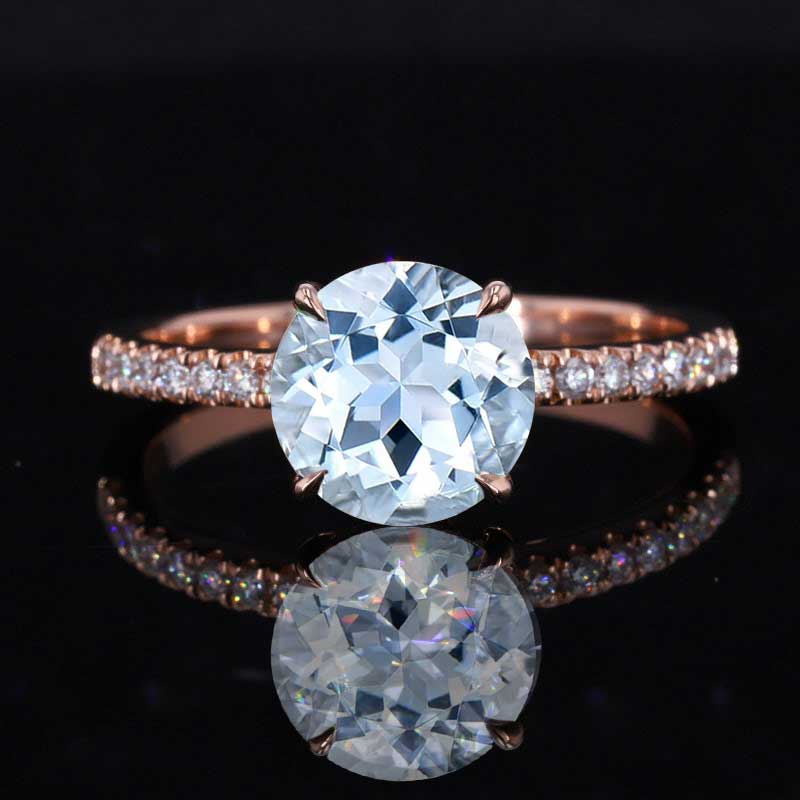 2 Carat Round Hidden Halo Giliarto Genuine Natural Aquamarine Rose Gold Engagement Ring