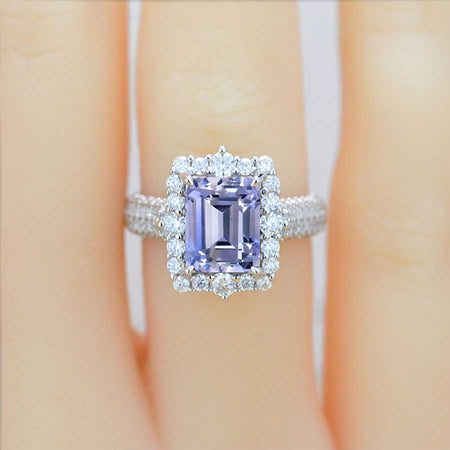 4Ct Purple Sapphire Engagement Ring Halo Emerald Step Cut Purple Sapphire  Engagement Ring