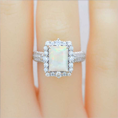 4Ct Genuine White Opal Engagement Ring Halo Emerald Step Cut Genuine White Opal  Engagement Ring