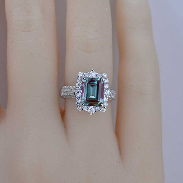3Ct Alexandrite Engagement Ring Halo Emerald Step Cut Alexandrite Enga ...