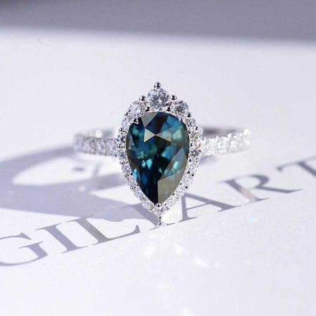 3 Carat Pear Cut Halo Teal Sapphire 14K White Gold Ring