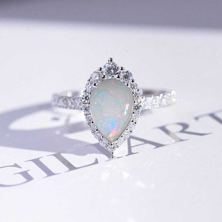 3 Carat Pear Cut Halo Genuine White Opal 14K White Gold Ring