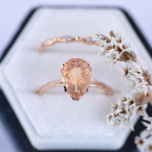 3 Carat Pear Genuine Peach Morganite  Engagement Eternity Rose Gold Ring Set