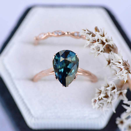 3 Carat Pear Teal Sapphire Engagement Eternity Rose Gold Ring Set