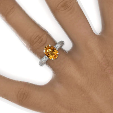 3 Carat Oval Genuine Yellow Citrine Halo 14K White Gold  Engagement Ring Model 919-10x7