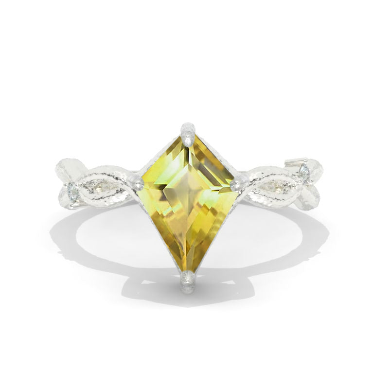 14K White Gold 2.5 Carat Kite Genuine Yellow Citrine Engagement Ring Unique Fancy Shape Ring Floral Style Model 1195-12x8