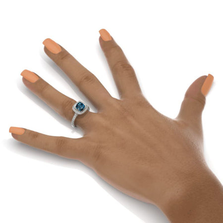 2.5 Carat Cushion Genuine London Blue Topaz Halo Engagement Ring. Victorian 14K White Gold Ring