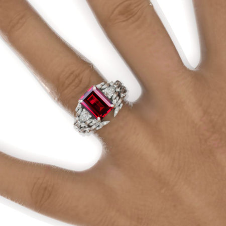 3 Carat Emerald Halo Giliarto Ruby Floral Shank  White Gold Engagement Ring Set 