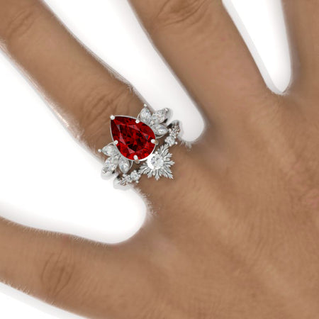 3 Carat Pear Ruby Halo Floral  Engagement Ring 14K White Gold Ring Set