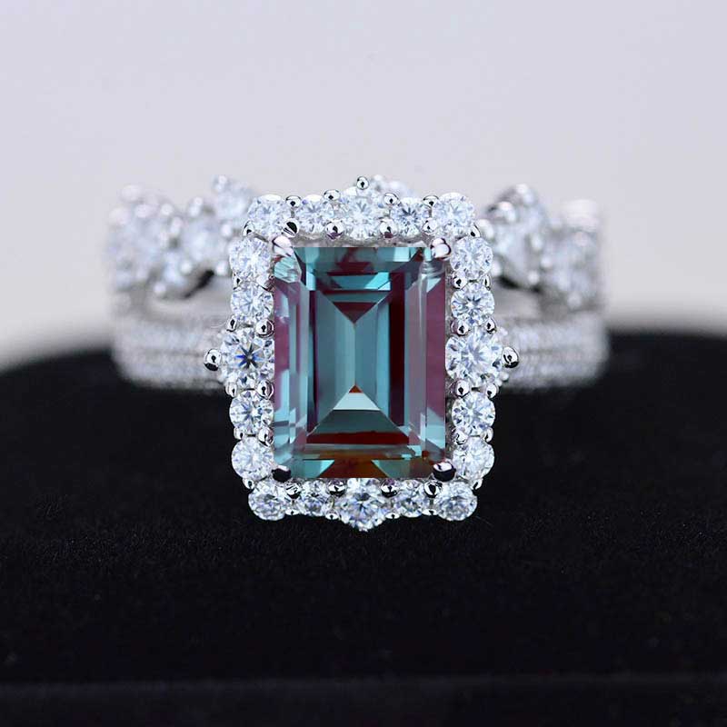 3Ct Alexandrite Engagement Ring Halo Emerald Cut Alexandrite Engagement Ring, 9x7mm Step Cut Alexandrite Engagement Ring with Eternity Band