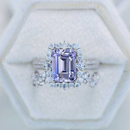 3Ct Purple Sapphire Engagement Ring Halo Emerald Cut Purple Sapphire Engagement Ring, 9x7mm Step Cut Purple Sapphire  Engagement Ring with Eternity Band
