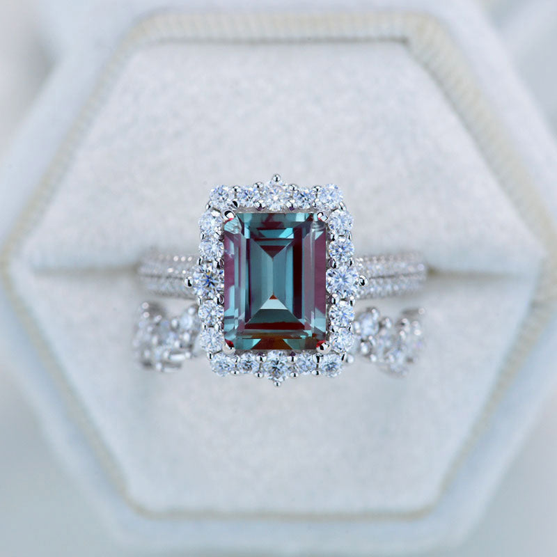 3Ct Alexandrite Engagement Ring Halo Emerald Cut Alexandrite Engagemen ...