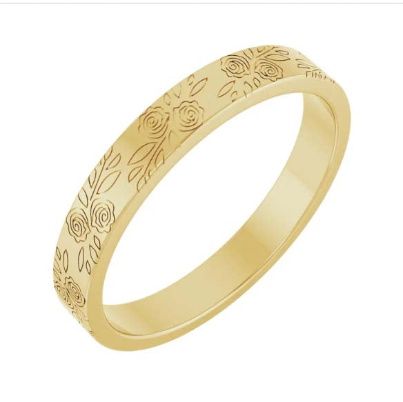 14K Yellow 3 mm Rose Pattern Band
