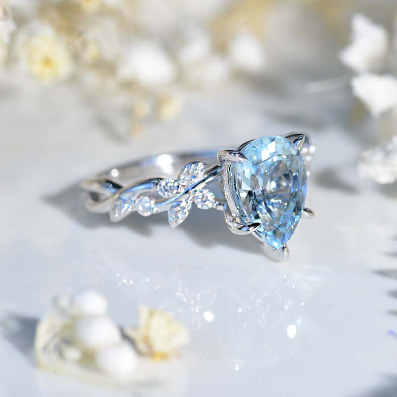 3 Carat Pear Cut Genuine Aquamarine Floral Gold Engagement Ring