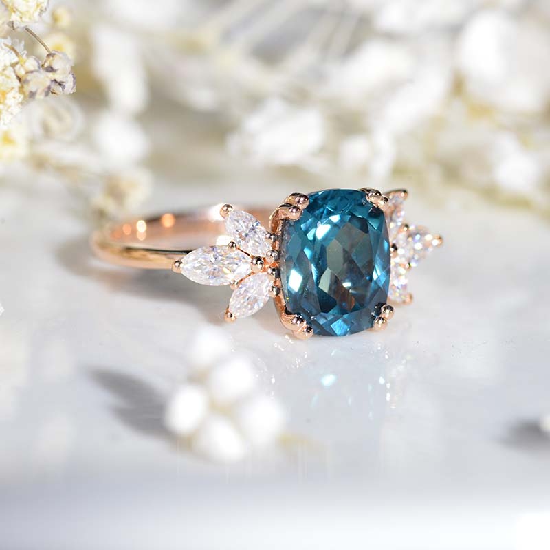 2Ct Cushion Cut Teal Sapphire Vintage Engagement Ring, Cushion Teal Sapphire Engagement Ring, Marquise Side Accents Stones 14K Rose Gold Ring