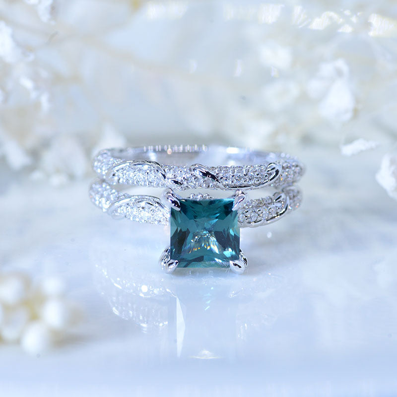 2 Carat Princess Cut Giliarto Teal Sapphire White Gold Floral Engagement Ring Set Model 115-7x7 & 115E