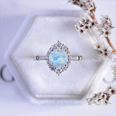 3 Carat Round Natural Moonstone Halo Gold Engagement Ring