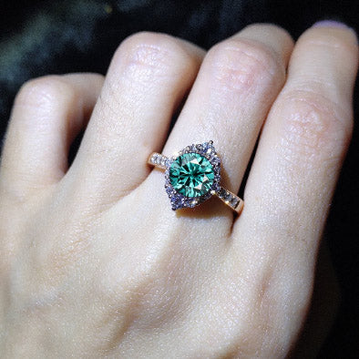 5 Carat Round Green Moissanite Halo Gold Engagement Ring