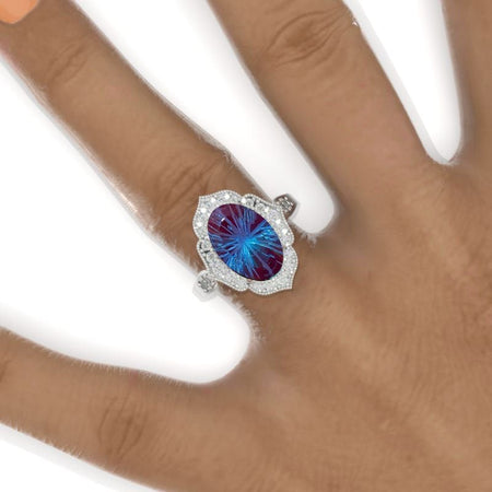 4 Carat Oval Fireworks Cut Alexandrite Halo Engagement Ring, Promise Ring For Her, Fireworks Cut Alexandrite Wedding Ring, 14K Gold Oval Alexandrite Engagement Ring