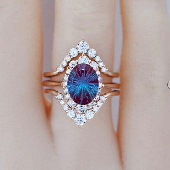 3 Carat Oval Fireworks Cut Alexandrite Halo Engagement Ring, Promise Ring For Her,  Fireworks Cut Alexandrite Wedding Ring, 14K Gold Fireworks Cut Oval Alexandrite Engagement Ring Set