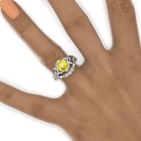 1.5 Carat Cushion Cut Vintage Style Floral Unique Yellow Sapphire White Gold Twig Shank Engagement Ring Set Model 1163-7x7